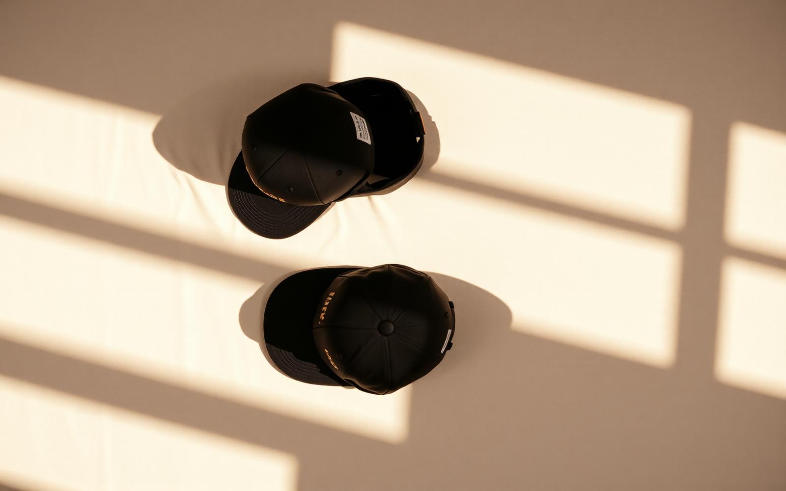 Dos gorras premium en composición flat lay bajo luz cálida.
