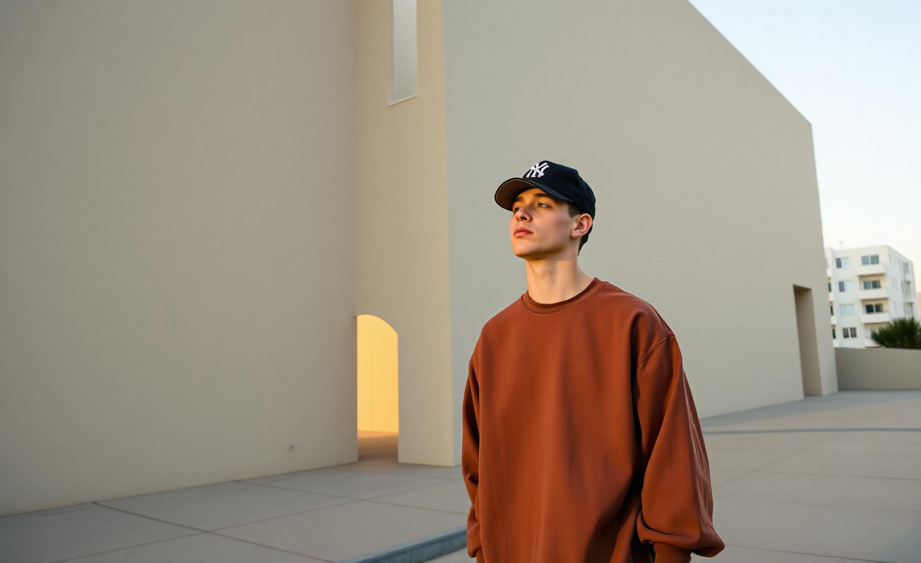 Lifestyle streetwear premium con gorra Sin Límites al atardecer.